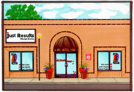 Illustration of Just Results lifestyle studio exterior personal training business