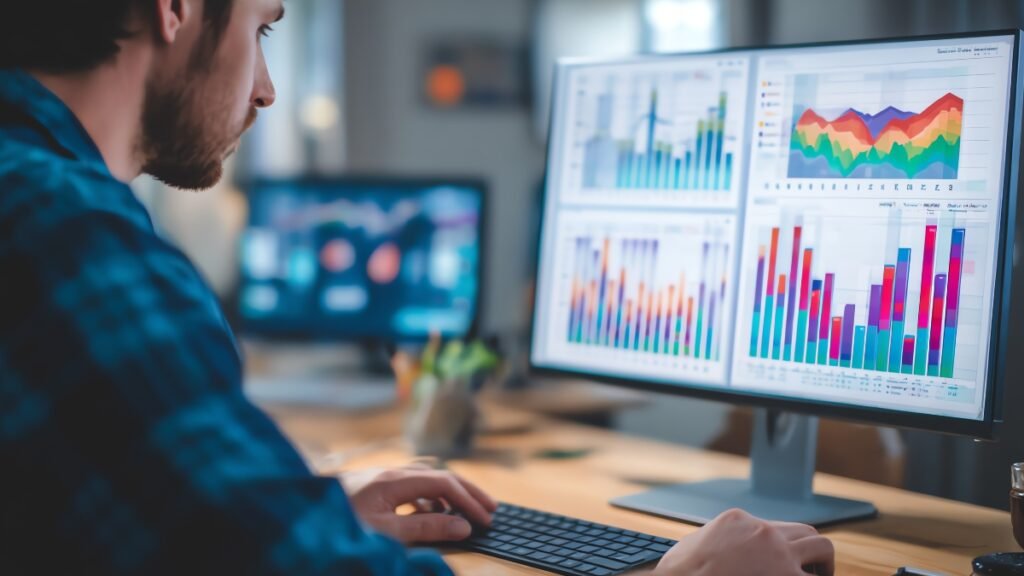 Person reviewing lead tracking and conversion charts on a computer, representing personal training sales metrics