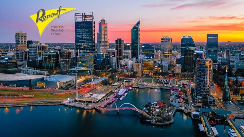 Perth skyline at sunset with Renouf Personal Training Centre logo, representing the 1992–1994 origin case study in Western Australia