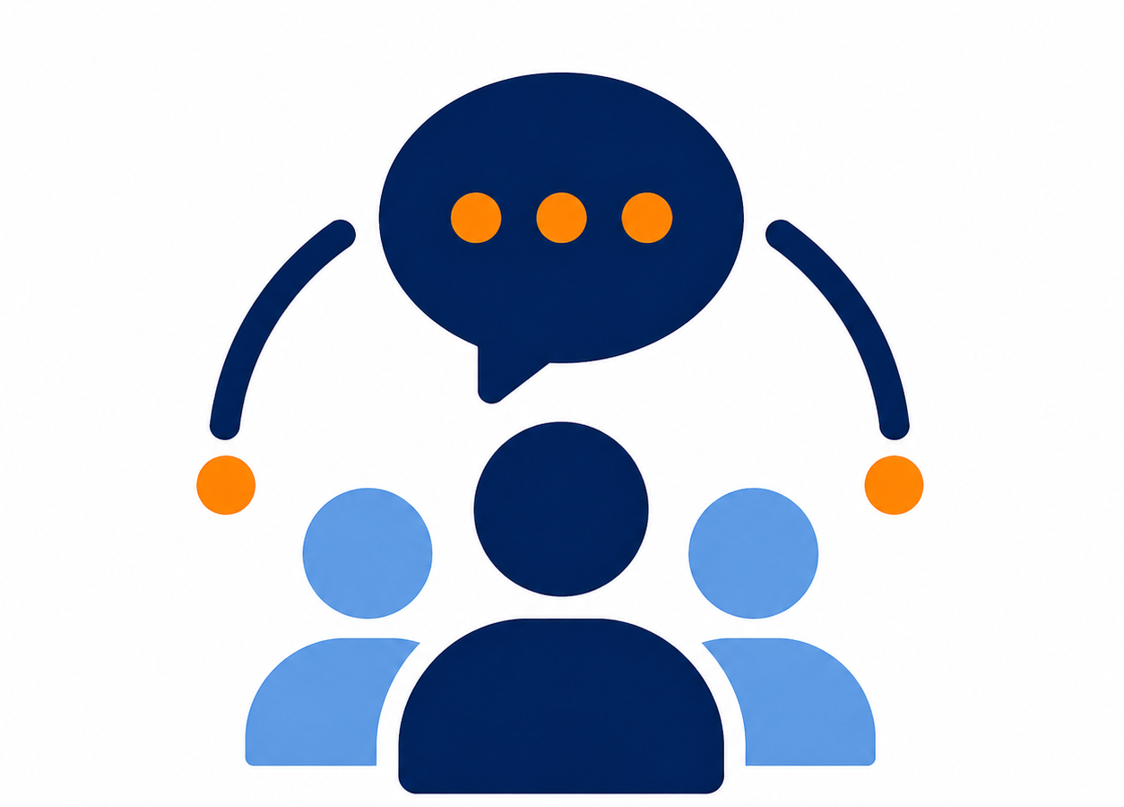 Community connection icon with three people and a speech bubble