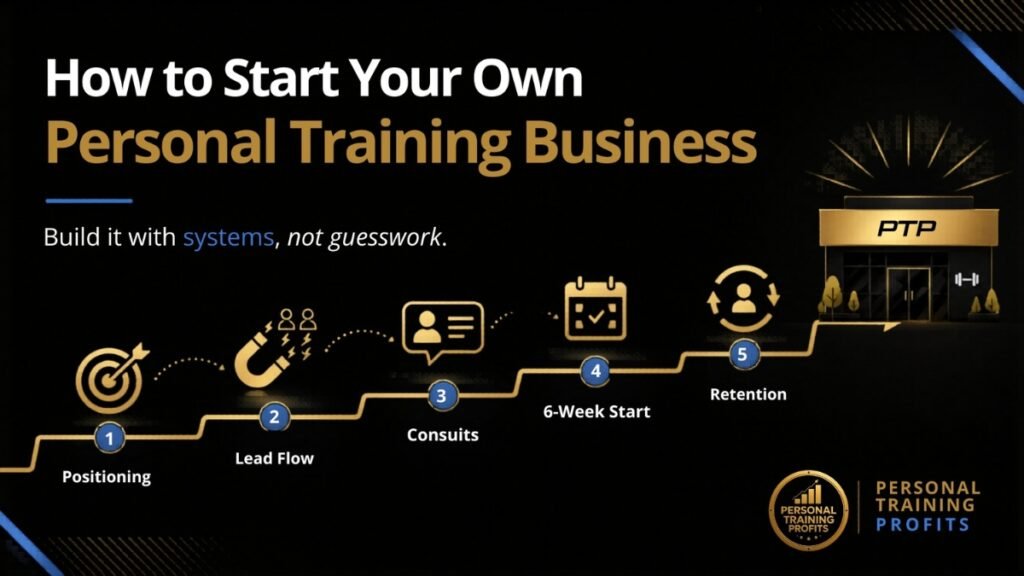 Infographic showing how to start your own personal training business, with 5-step pathway from positioning to retention and a systems-first message