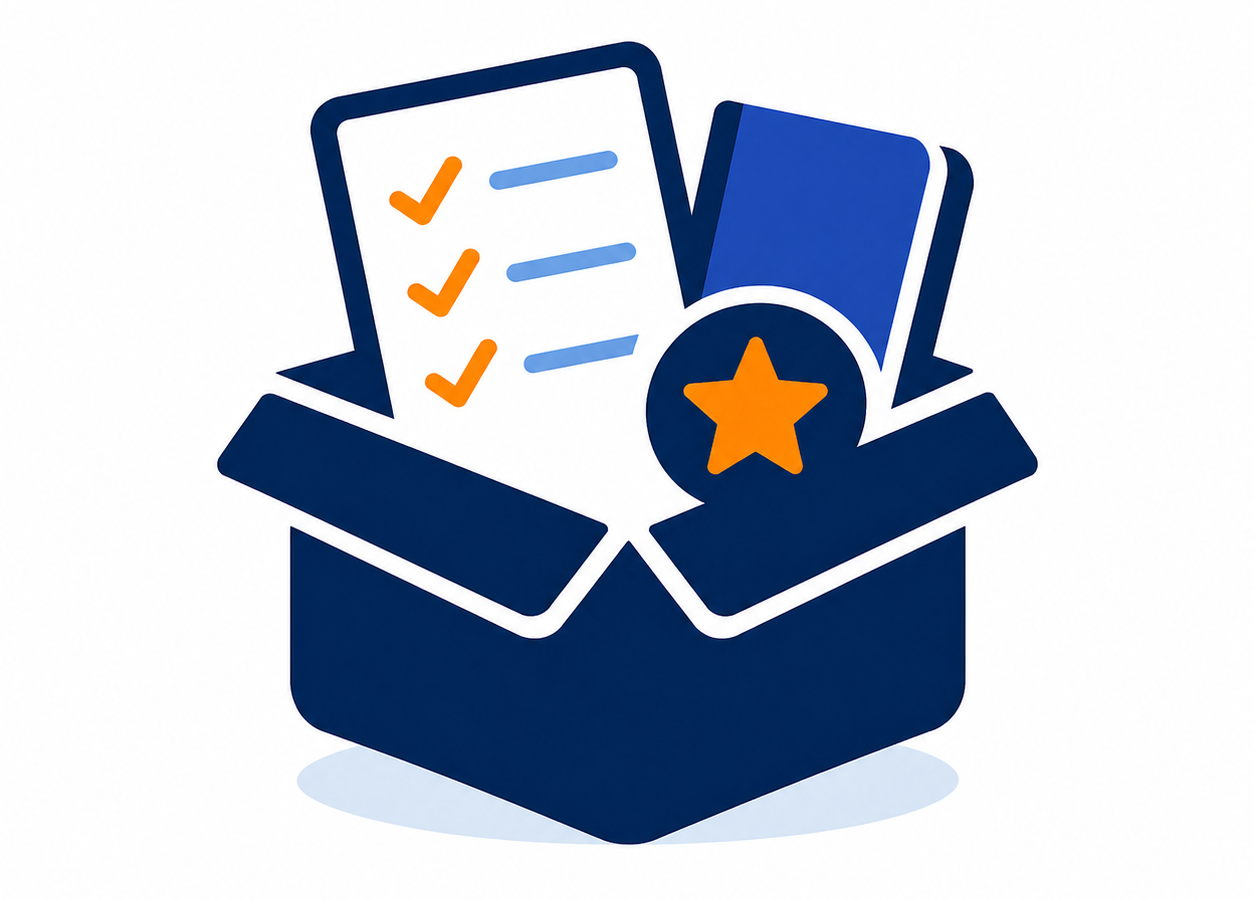 Starter kit icon with open box, checklist, and workbook