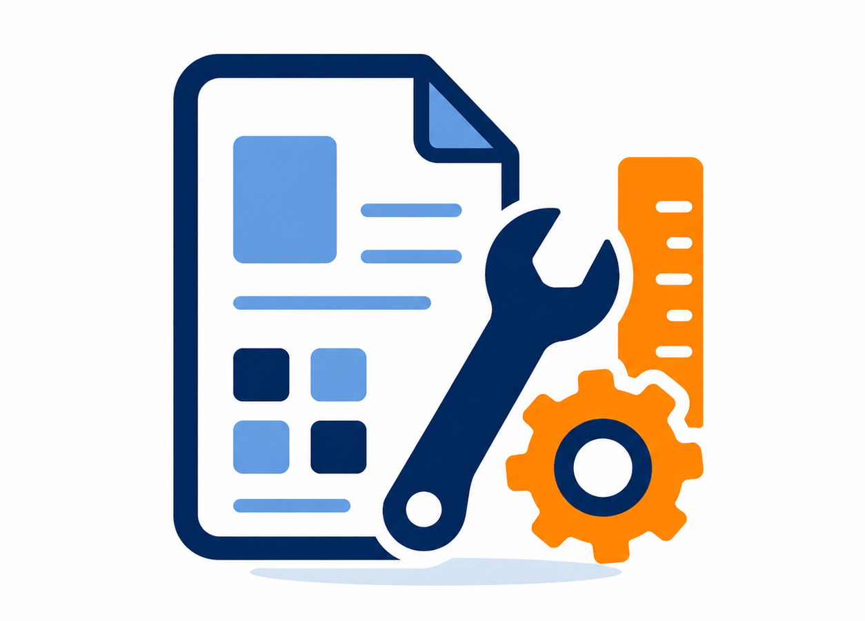 Tools and templates icon with document, wrench, ruler, and gear