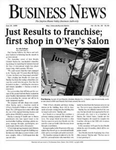 Scanned 1999 Business News article titled “Just Results to franchise,” featuring a photo of Paul Barclay inside a Just Results studio