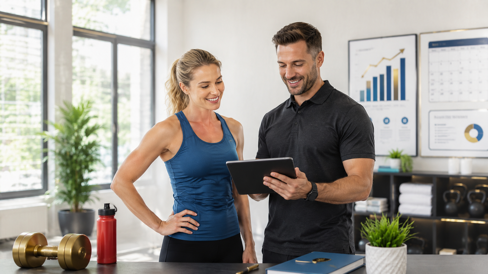 Personal trainer reviewing a tablet with a client in a bright studio during a start-here consultation