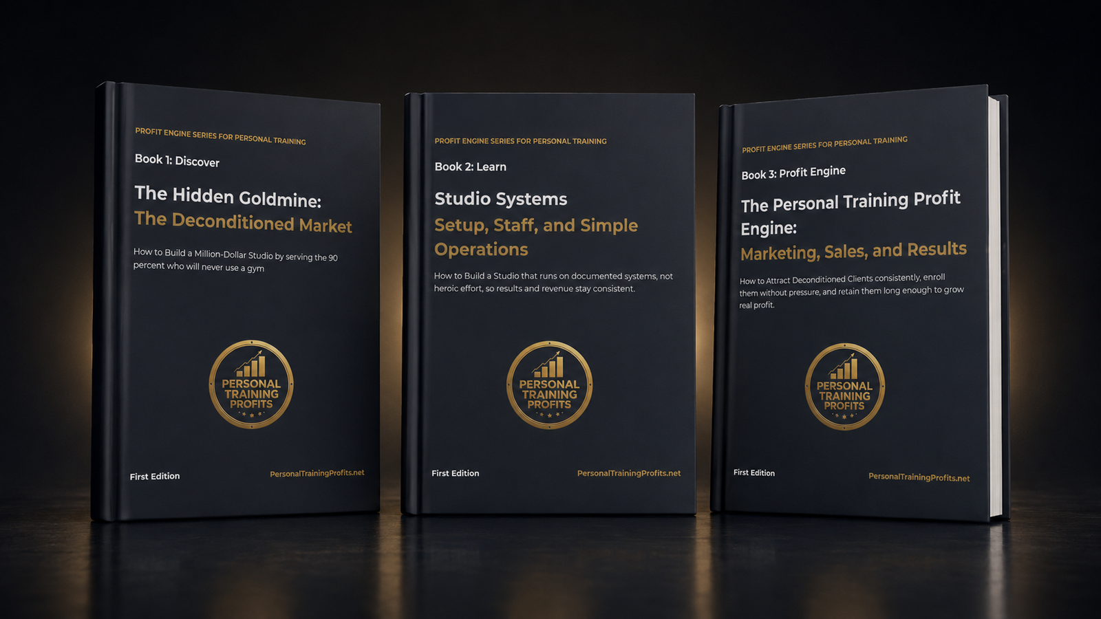 Three Personal Training Profits playbooks displayed on a dark background as a complete personal training business system