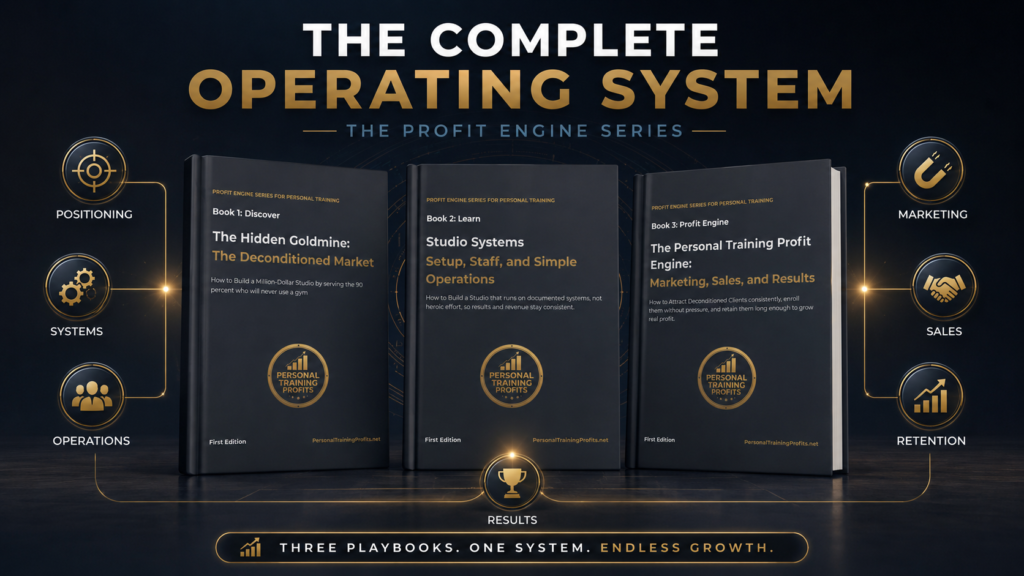 Alt text: Three Personal Training Profits playbooks displayed under the heading The Complete Operating System, with icons for positioning, systems, operations, marketing, sales, retention, and results.