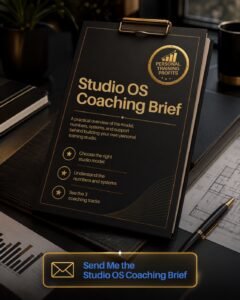 Studio OS Coaching Brief graphic with clipboard cover and email CTA, Personal Training Profits