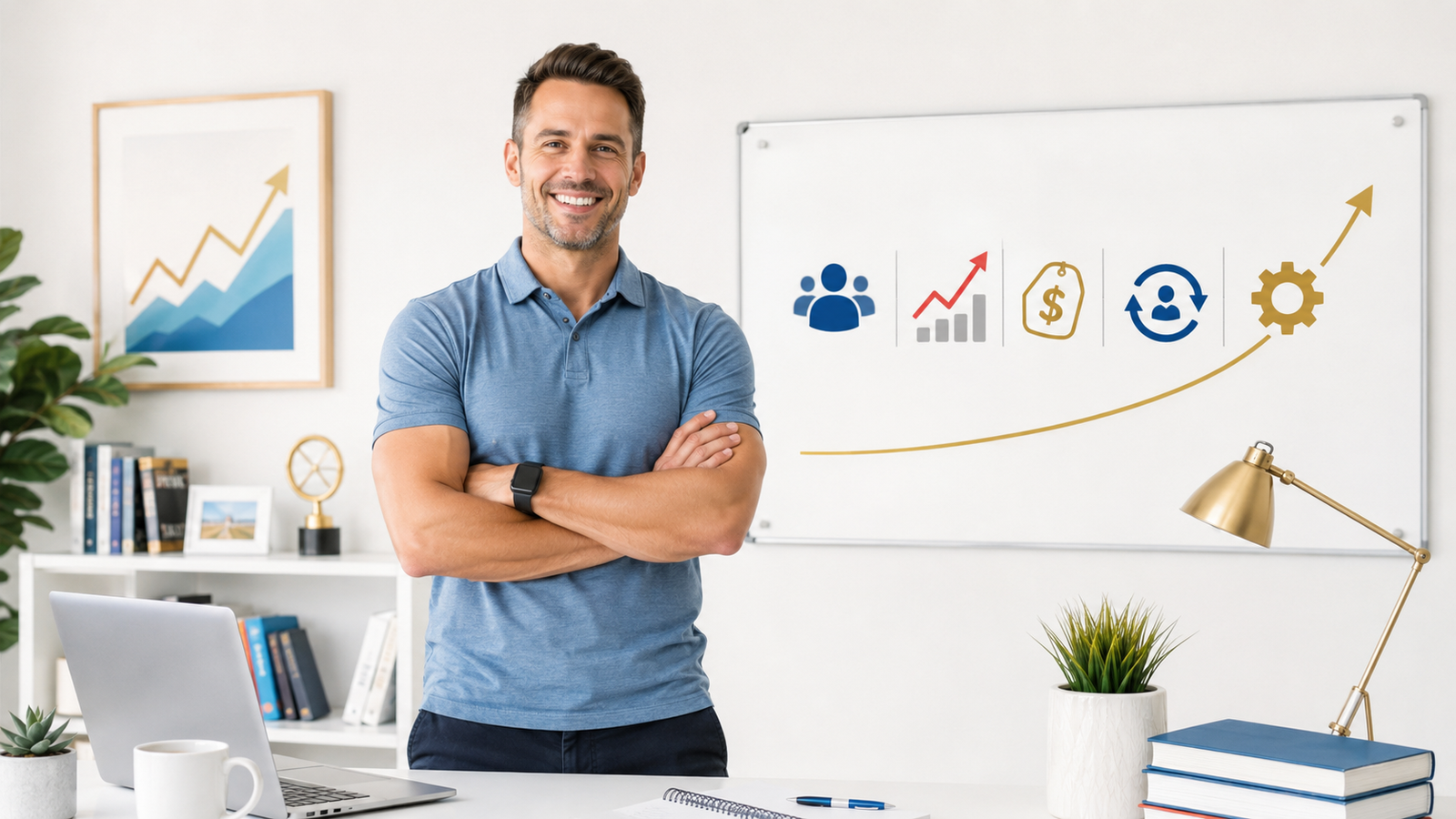 Personal training business owner standing in a bright office beside a systems and growth board