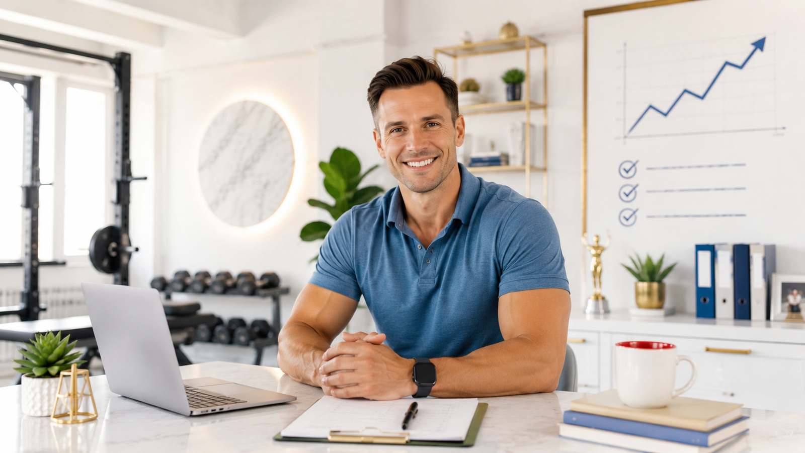 Personal training business owner in a bright studio office with laptop, growth chart, and organized business workspace