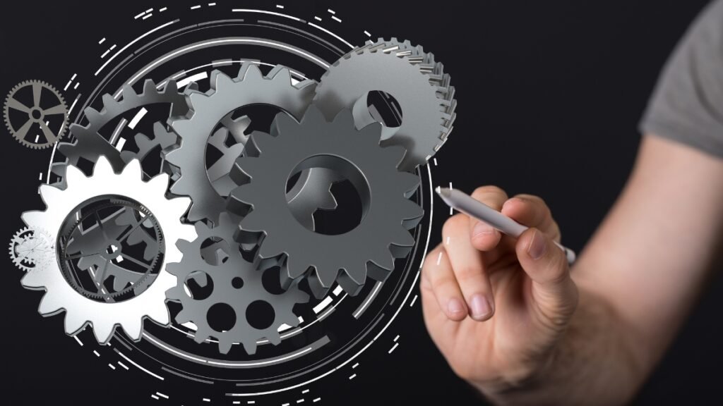 Gears and cogs graphic representing a lead flow system and repeatable process for generating inquiries and consults