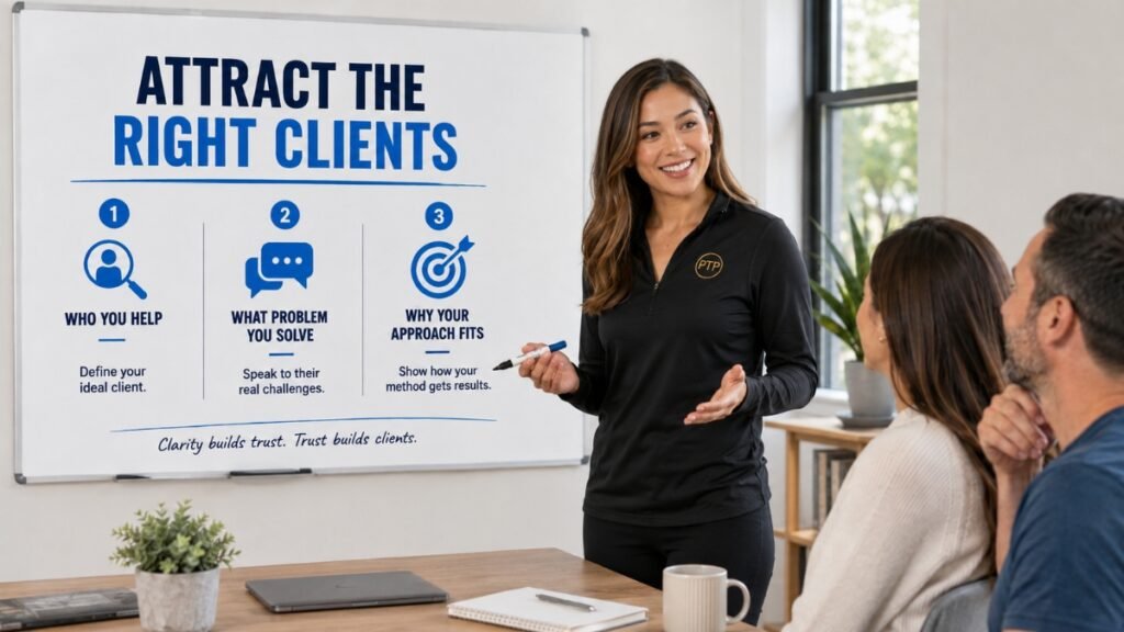 Personal trainer explaining how clear positioning attracts the right clients during a small-group presentation