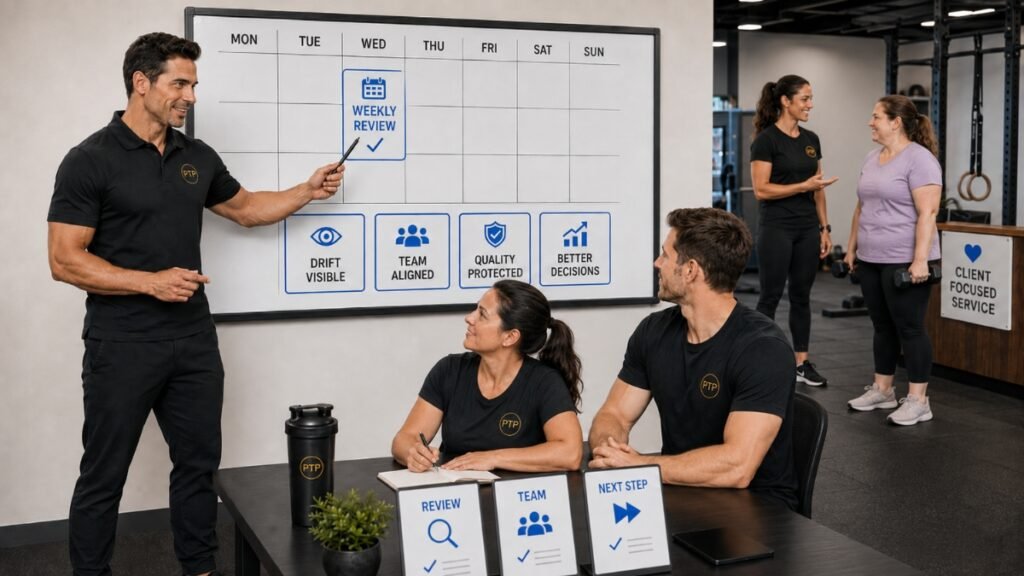 Personal training studio owner leading a weekly operating rhythm review with staff while a trainer supports a client in the background