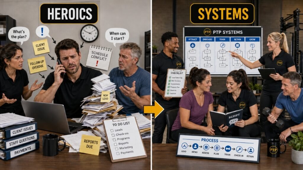 Heroics versus systems in a personal training business, showing chaos on one side and organized studio systems on the other