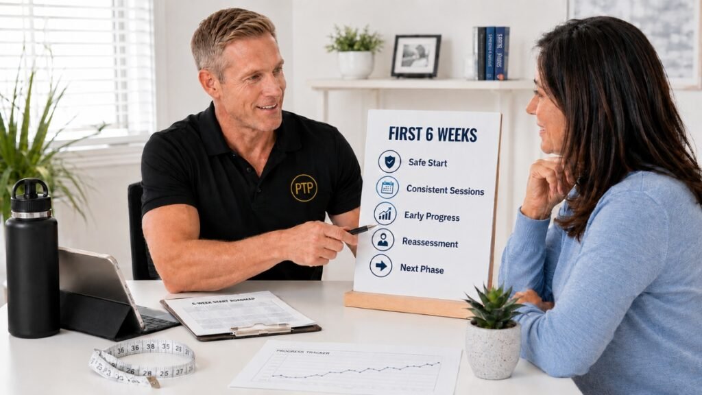 Personal trainer explaining a six-week starting phase to a client during a private consultation