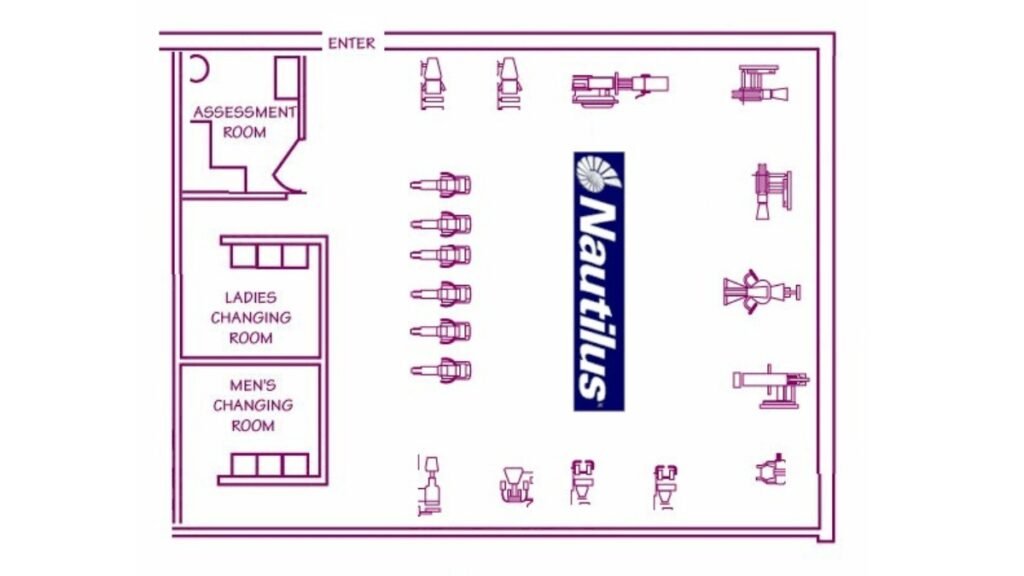 1996 floor plan for a 1,000-square-foot personal training studio with assessment room, changing rooms, and equipment layout
