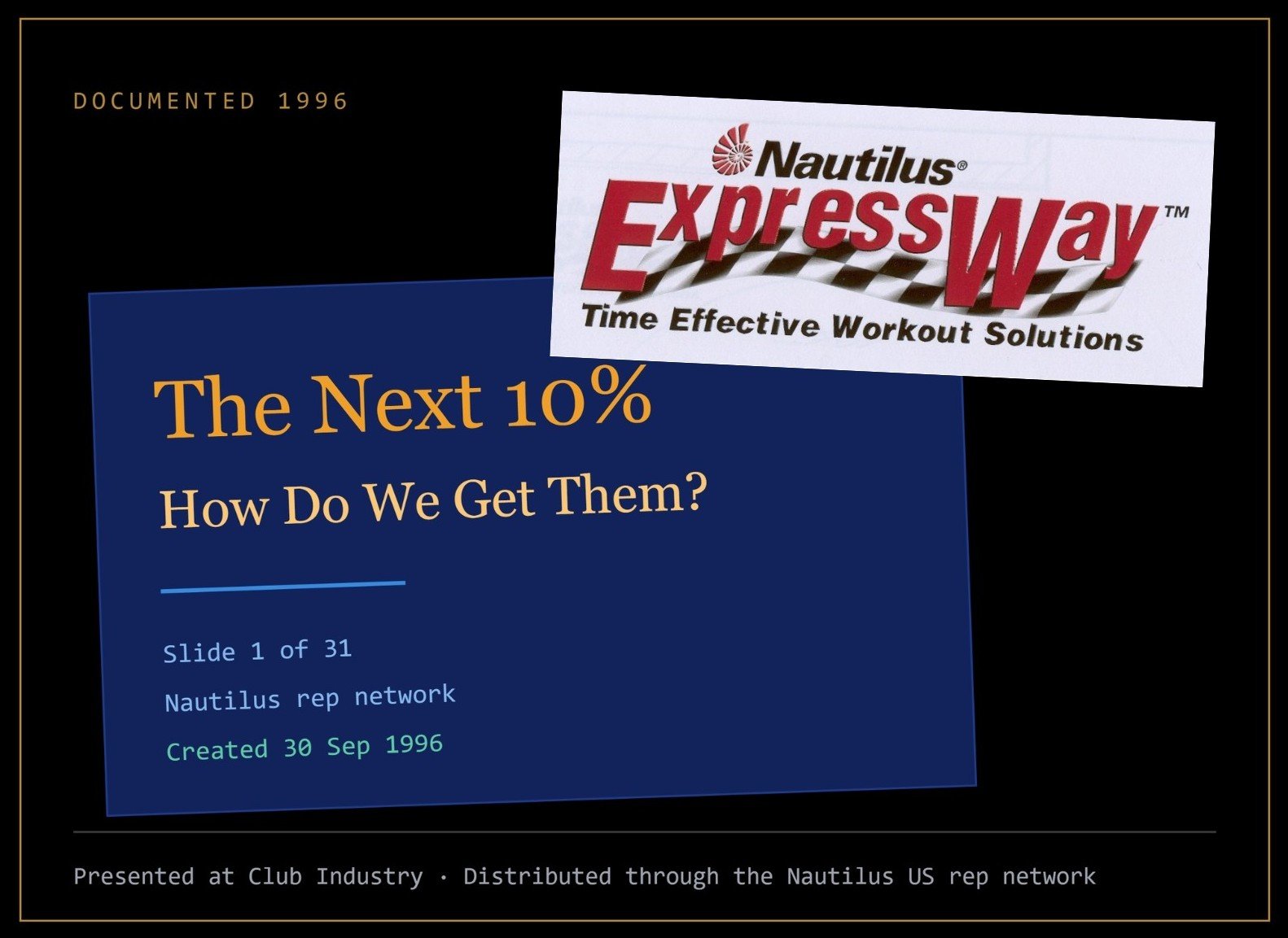 1996 Club Industry presentation, The Next 10%, created for the Nautilus ExpressWay US representative network.
