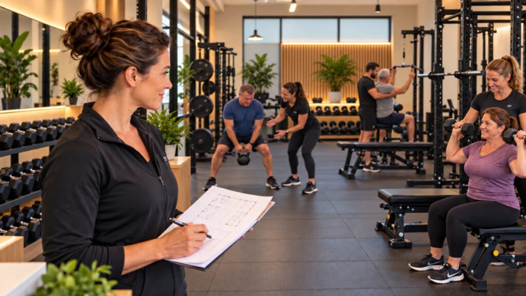 Efficient personal training studio with multiple trainers supervising clients during strength training sessions
