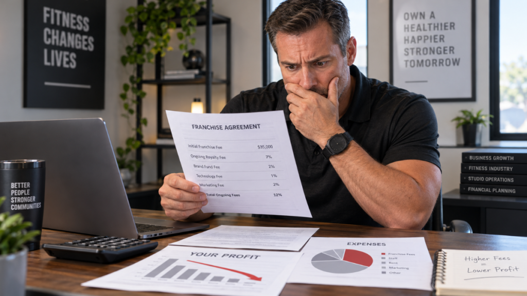 Prospective personal training studio owner reviewing a franchise agreement and ongoing fees that reduce owner profit